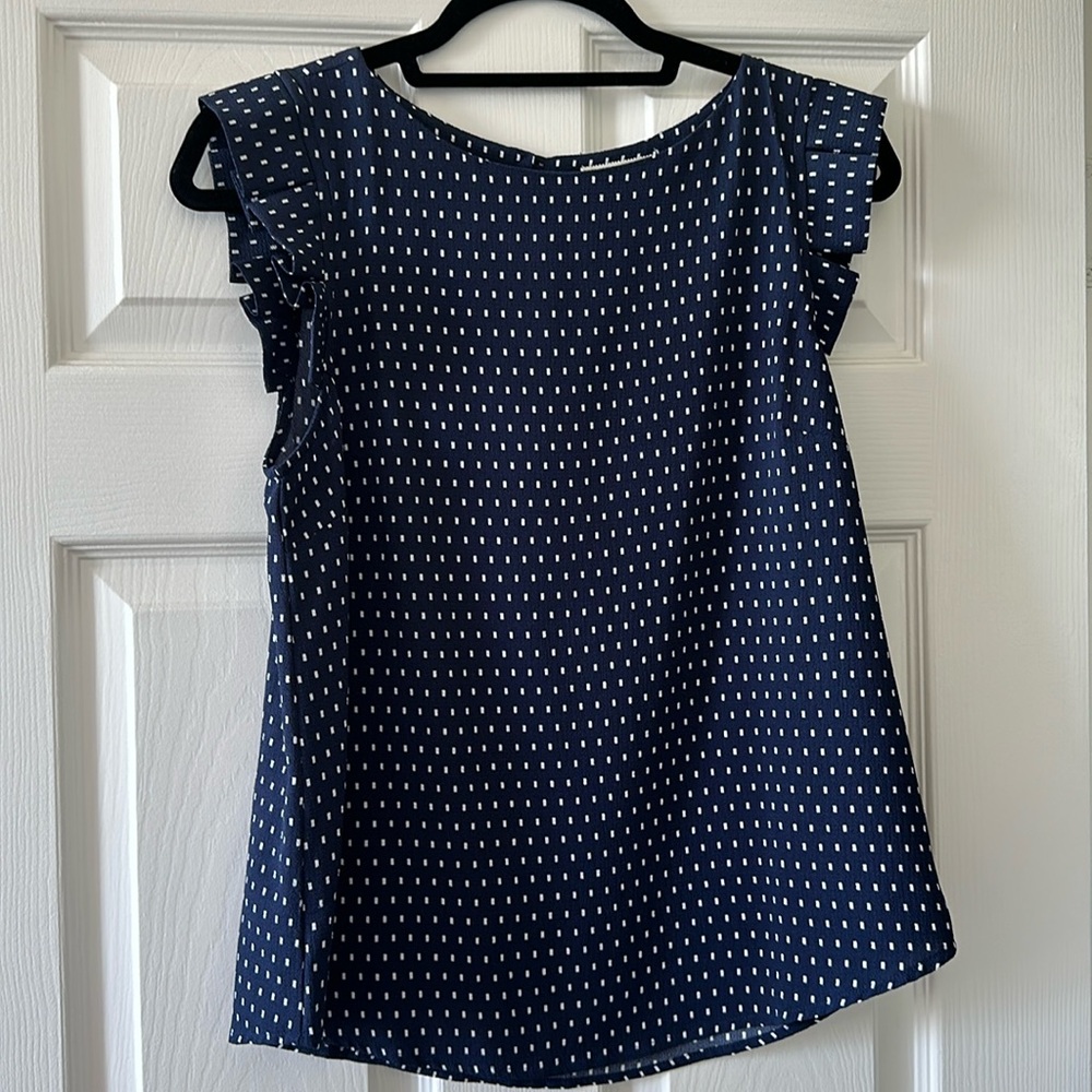 Monteau Navy Cap Ruffle Sleeve Blouse
